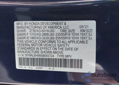 2022 Honda Odyssey Elite z USA, uszkodzony, nr VIN 5FNRL6H96NB043724